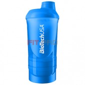 Shaker Wave+ BioTech USA modrý 600ml - nový trojdielny šejker, s priečinkom na tablety a práškové doplnky výživy.